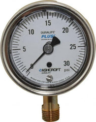 Ashcroft - 2-1/2" Dial, 1/4 Thread, 0-30 Scale Range, Pressure Gauge - Lower Connection Mount, Accurate to 1% of Scale - Benchmark Tooling