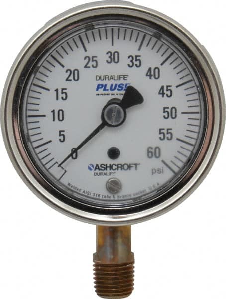 Ashcroft - 2-1/2" Dial, 1/4 Thread, 0-60 Scale Range, Pressure Gauge - Lower Connection Mount, Accurate to 1% of Scale - Benchmark Tooling