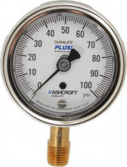 Ashcroft - 2-1/2" Dial, 1/4 Thread, 0-100 Scale Range, Pressure Gauge - Lower Connection Mount, Accurate to 1% of Scale - Benchmark Tooling