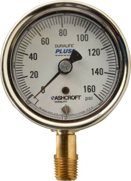 Ashcroft - 2-1/2" Dial, 1/4 Thread, 0-160 Scale Range, Pressure Gauge - Lower Connection Mount, Accurate to 1% of Scale - Benchmark Tooling