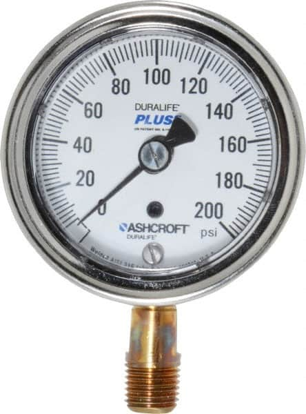 Ashcroft - 2-1/2" Dial, 1/4 Thread, 0-200 Scale Range, Pressure Gauge - Lower Connection Mount, Accurate to 1% of Scale - Benchmark Tooling