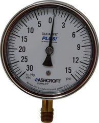 Ashcroft - 3-1/2" Dial, 1/4 Thread, 30-0-15 Scale Range, Pressure Gauge - Lower Connection Mount, Accurate to 1% of Scale - Benchmark Tooling