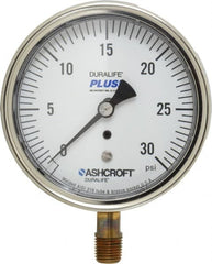 Ashcroft - 3-1/2" Dial, 1/4 Thread, 0-30 Scale Range, Pressure Gauge - Lower Connection Mount, Accurate to 1% of Scale - Benchmark Tooling