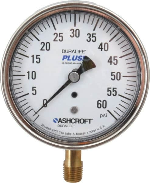 Ashcroft - 3-1/2" Dial, 1/4 Thread, 0-60 Scale Range, Pressure Gauge - Lower Connection Mount, Accurate to 1% of Scale - Benchmark Tooling