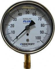 Ashcroft - 3-1/2" Dial, 1/4 Thread, 0-100 Scale Range, Pressure Gauge - Lower Connection Mount, Accurate to 1% of Scale - Benchmark Tooling