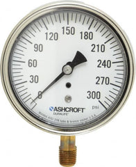 Ashcroft - 3-1/2" Dial, 1/4 Thread, 0-300 Scale Range, Pressure Gauge - Lower Connection Mount, Accurate to 1% of Scale - Benchmark Tooling