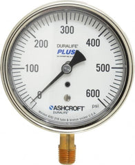 Ashcroft - 3-1/2" Dial, 1/4 Thread, 0-600 Scale Range, Pressure Gauge - Lower Connection Mount, Accurate to 1% of Scale - Benchmark Tooling