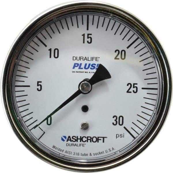 Ashcroft - 3-1/2" Dial, 1/4 Thread, 0-30 Scale Range, Pressure Gauge - Center Back Connection Mount, Accurate to 1% of Scale - Benchmark Tooling