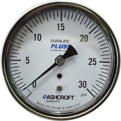 Ashcroft - 3-1/2" Dial, 1/4 Thread, 0-30 Scale Range, Pressure Gauge - Center Back Connection Mount, Accurate to 1% of Scale - Benchmark Tooling