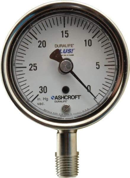 Ashcroft - 2-1/2" Dial, 1/4 Thread, 30-0 Scale Range, Pressure Gauge - Lower Connection Mount, Accurate to 1% of Scale - Benchmark Tooling