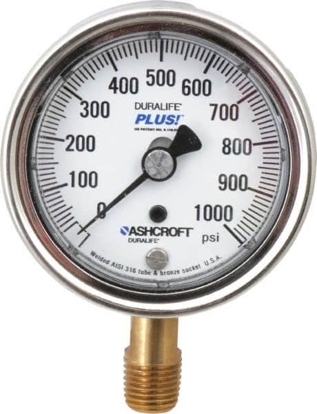 Ashcroft - 2-1/2" Dial, 1/4 Thread, 0-1,000 Scale Range, Pressure Gauge - Lower Connection Mount, Accurate to 1% of Scale - Benchmark Tooling
