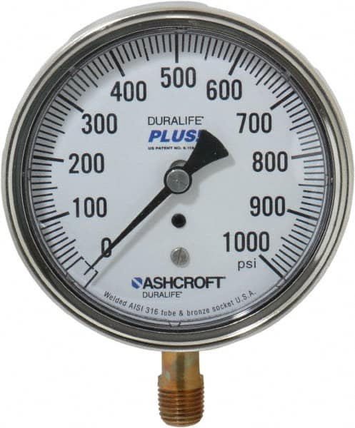 Ashcroft - 3-1/2" Dial, 1/4 Thread, 0-1,000 Scale Range, Pressure Gauge - Lower Connection Mount, Accurate to 1% of Scale - Benchmark Tooling