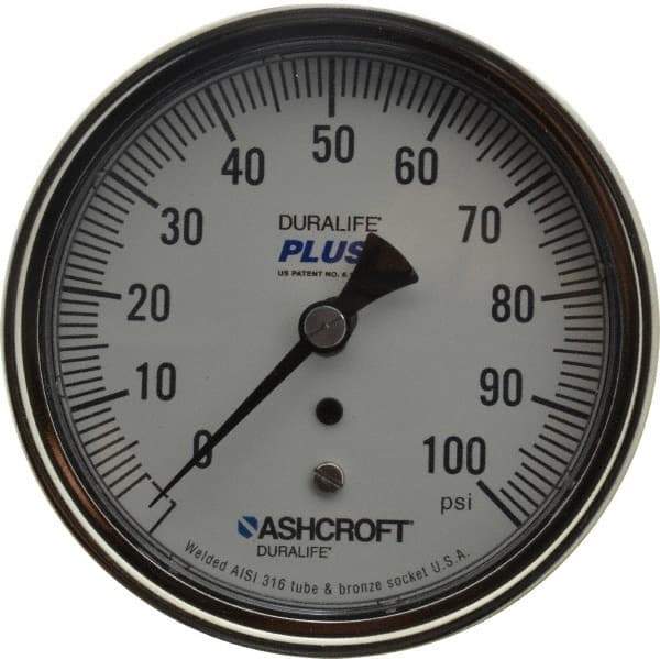 Ashcroft - 3-1/2" Dial, 1/4 Thread, 0-100 Scale Range, Pressure Gauge - Center Back Connection Mount, Accurate to 1% of Scale - Benchmark Tooling