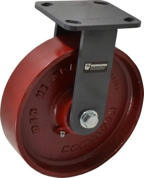 Hamilton - 8" Diam x 2" Wide x 9-1/2" OAH Top Plate Mount Rigid Caster - Cast Iron, 1,500 Lb Capacity, Roller Bearing, 4 x 4-1/2" Plate - Benchmark Tooling