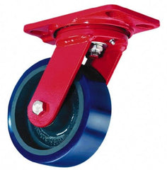 Hamilton - 6" Diam x 3" Wide x 8" OAH Top Plate Mount Swivel Caster with Brake - Forged Steel, 3,500 Lb Capacity, Roller Bearing, 5-1/4 x 7-1/4" Plate - Benchmark Tooling