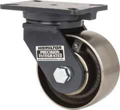 Hamilton - 6" Diam x 3" Wide x 8" OAH Top Plate Mount Swivel Caster - Forged Steel, 3,500 Lb Capacity, Roller Bearing, 5-1/4 x 7-1/4" Plate - Benchmark Tooling