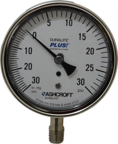 Ashcroft - 3-1/2" Dial, 1/4 Thread, 30-0-30 Scale Range, Pressure Gauge - Lower Connection Mount, Accurate to 1% of Scale - Benchmark Tooling