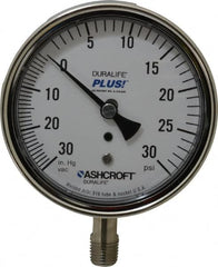 Ashcroft - 3-1/2" Dial, 1/4 Thread, 30-0-30 Scale Range, Pressure Gauge - Lower Connection Mount, Accurate to 1% of Scale - Benchmark Tooling