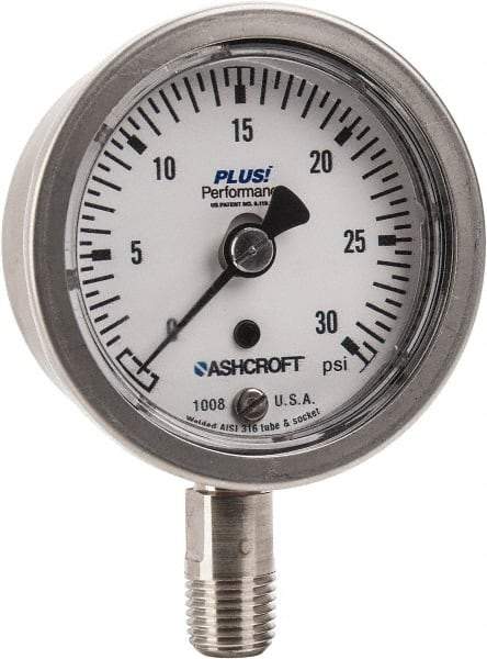 Ashcroft - 2-1/2" Dial, 1/4 Thread, 0-30 Scale Range, Pressure Gauge - Lower Connection Mount, Accurate to 3-2-3% of Scale - Benchmark Tooling