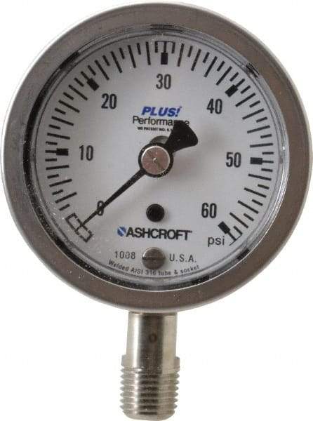 Ashcroft - 2-1/2" Dial, 1/4 Thread, 0-60 Scale Range, Pressure Gauge - Lower Connection Mount, Accurate to 3-2-3% of Scale - Benchmark Tooling