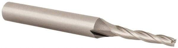 OSG - 1° Taper Angle per Side, 5/64" Small End Diam, 1/2" LOC, Cobalt 3 Flute Tapered Square End Mill - 1-3/4" OAL, 3/16" Shank Diam, Spiral Flute, 25° Helix - Benchmark Tooling