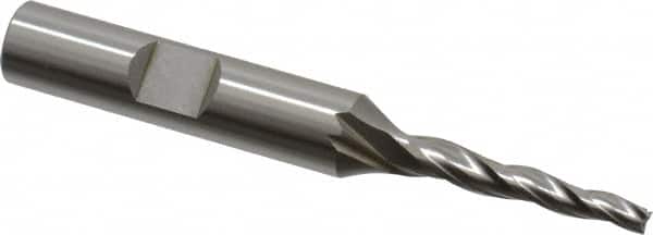 OSG - 2° Taper Angle per Side, 1/8" Small End Diam, 1" LOC, Cobalt 3 Flute Tapered Square End Mill - 2-7/8" OAL, 3/8" Shank Diam, Spiral Flute, 25° Helix - Benchmark Tooling