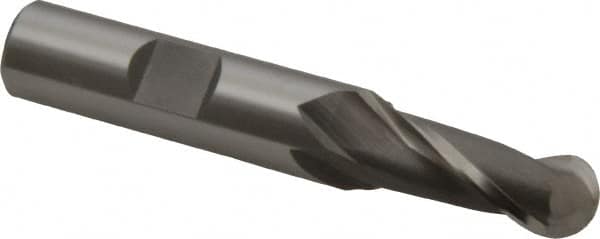 OSG - 7/16" Diam, 1" LOC, 2 Flute Cobalt Ball End Mill - Uncoated, Single End, 3" OAL, 1/2" Shank Diam, Spiral Flute - Benchmark Tooling