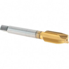 OSG - 7/16-20 UNF, 3 Flute, TiN Finish, Vanadium High Speed Steel Spiral Point Tap - Plug Chamfer, Right Hand Thread, 3-5/32" OAL, 1-7/16" Thread Length, 0.323" Shank Diam - Exact Industrial Supply