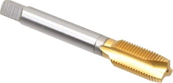 OSG - 1/2-20 UNF, 3 Flute, TiN Finish, Vanadium High Speed Steel Spiral Point Tap - Plug Chamfer, Right Hand Thread, 3-3/8" OAL, 1-21/32" Thread Length, 0.367" Shank Diam, 3B Class of Fit - Exact Industrial Supply