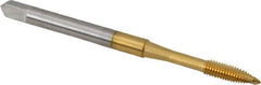 OSG - M3x0.50 Metric Coarse, 2 Flute, TiN Finish, High Speed Steel Spiral Point Tap - Plug Chamfer, Right Hand Thread, 1-15/16" OAL, 5/8" Thread Length, 0.141" Shank Diam, 6H Class of Fit, Series 142 - Exact Industrial Supply