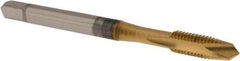 OSG - M5x0.80 Metric Coarse, 2 Flute, TiN Finish, High Speed Steel Spiral Point Tap - Plug Chamfer, Right Hand Thread, 2-3/8" OAL, 7/8" Thread Length, 0.194" Shank Diam, 6H Class of Fit, Series 142 - Exact Industrial Supply