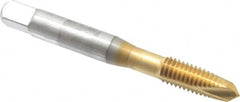 OSG - M8x1.25 Metric Coarse, 2 Flute, TiN Finish, High Speed Steel Spiral Point Tap - Plug Chamfer, Right Hand Thread, 2-23/32" OAL, 1-1/8" Thread Length, 0.318" Shank Diam, 6H Class of Fit, Series 142 - Exact Industrial Supply