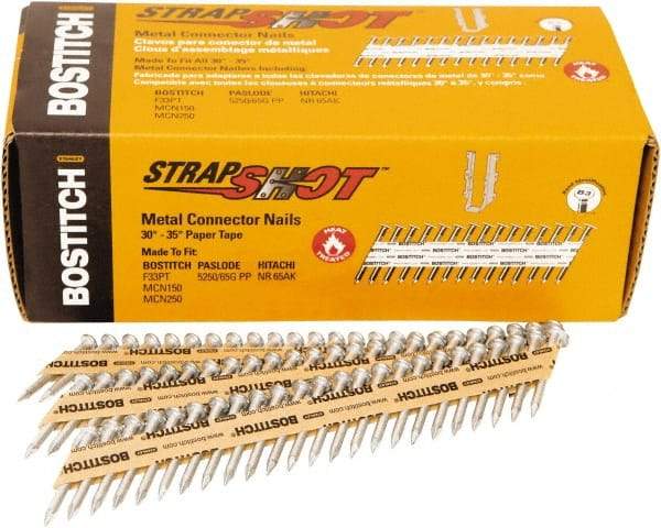 Stanley Bostitch - 16 Gauge 0.0598" Shank Diam 1-1/2" Long Metal Connecting Nails for Power Nailers - Steel, Bright Finish, Smooth Shank, Angled Stick Paper Tape Collation, Round Head - Benchmark Tooling