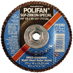 PFERD - 60 Grit, 4-1/2" Disc Diam, 5/8-11 Center Hole, Type 29 Zirconia Alumina Flap Disc - 13,300 Max RPM, Fiberglass Backing, Arbor Attaching System, Coated - Benchmark Tooling