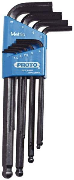 Proto - 9 Piece L-Key Ball End Hex Key Set - Hex Range 1.5 to 10mm, Carbon Steel - Benchmark Tooling