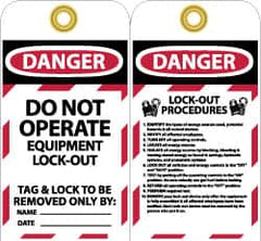 NMC - 3" High x 6" Long, DANGER - DO NOT OPERATE - EQUIPMENT LOCK-OUT - TAG & LOCK TO BE REMOVED ONLY BY:, English Safety & Facility Lockout Tag - Tag Header: Danger, 2 Sides, Black, Red & White Unrippable Vinyl - Benchmark Tooling