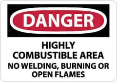 NMC - "Danger - Highly Combustible Area - No Welding, Burning or Open Flames", 10" Long x 14" Wide, Pressure-Sensitive Vinyl Safety Sign - Rectangle, 0.004" Thick, Use for Accident Prevention - Benchmark Tooling