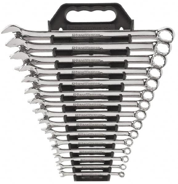 GearWrench - 15 Piece, 1/4" to 1", 12 Point Combination Wrench Set - Inch Measurement Standard, Full Polish Finish, Comes in Plastic Rack - Benchmark Tooling