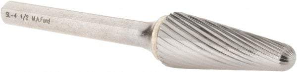 M.A. Ford - 1/2" Cut Diam, 1/4" Shank Diam, Taper Head Single Cut Burr - Carbide, Radius End, 1-3/16" LOC, 3-1/4" OAL - Benchmark Tooling