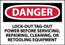 NMC - Accident Prevention Label, Header: DANGER - Legend: Danger - Lock Out, Tag-out Power Before Servicing, Repairing, Cleaning, or Retooling Equipment, English, Red, Black & White, 5" Long x 3" High, Sign Muscle Finish - Benchmark Tooling