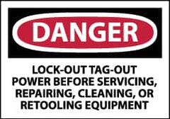 NMC - Accident Prevention Label, Header: DANGER - Legend: Danger - Lock Out, Tag-out Power Before Servicing, Repairing, Cleaning, or Retooling Equipment, English, Red, Black & White, 5" Long x 3" High, Sign Muscle Finish - Benchmark Tooling
