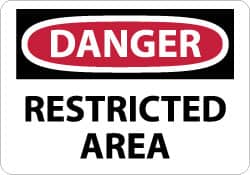 NMC - "Danger - Restricted Area", 7" Long x 10" Wide, Pressure-Sensitive Vinyl Safety Sign - Rectangle, 0.004" Thick, Use for Security & Admittance - Benchmark Tooling