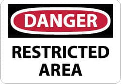 NMC - "Danger - Restricted Area", 10" Long x 14" Wide, Pressure-Sensitive Vinyl Safety Sign - Rectangle, 0.004" Thick, Use for Security & Admittance - Benchmark Tooling