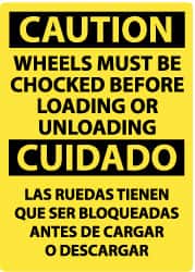 NMC - "Caution - Wheels Must Be Chocked Before Loading or Unloading", 14" Long x 10" Wide, Pressure-Sensitive Vinyl Safety Sign - Rectangle, 0.004" Thick, Use for Accident Prevention - Benchmark Tooling