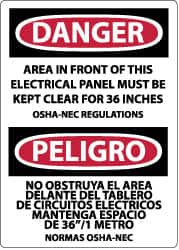 NMC - "Danger - Area in Front of This Electrical Panel Must Be Kept Clear for 36 Inches OSHA-NEC Regulations", 20" Long x 14" Wide, Pressure-Sensitive Vinyl Safety Sign - Rectangle, 0.004" Thick, Use for Accident Prevention - Benchmark Tooling