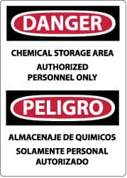 NMC - "Danger - Chemical Storage Area - Authorized Personnel Only", 14" Long x 10" Wide, Pressure-Sensitive Vinyl Safety Sign - Rectangle, 0.004" Thick, Use for Security & Admittance - Benchmark Tooling