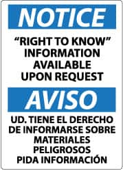 NMC - "Notice - Right to Know Information Available upon Request", 14" Long x 10" Wide, Pressure-Sensitive Vinyl Safety Sign - Rectangle, 0.004" Thick, Use for Security & Admittance - Benchmark Tooling