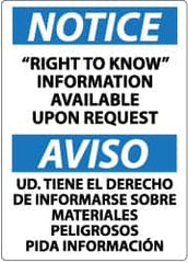 NMC - "Notice - Right to Know Information Available upon Request", 14" Long x 10" Wide, Pressure-Sensitive Vinyl Safety Sign - Rectangle, 0.004" Thick, Use for Security & Admittance - Benchmark Tooling