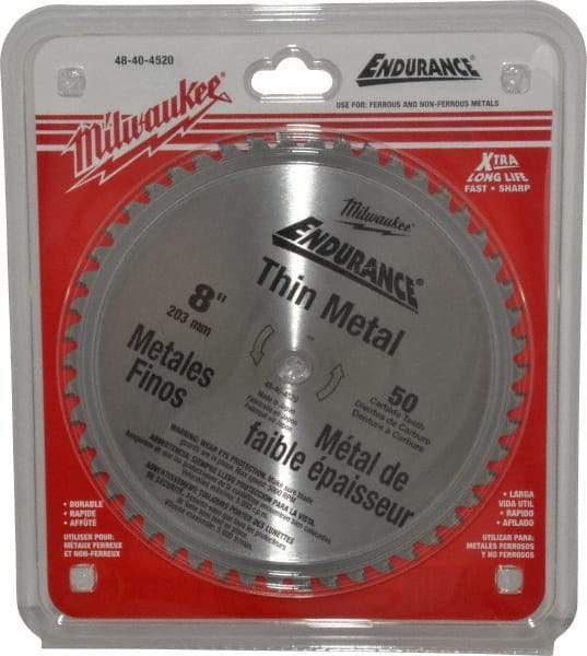 Milwaukee Tool - 8" Diam, 5/8" Arbor Hole Diam, 50 Tooth Wet & Dry Cut Saw Blade - Cermet-Tipped, Burr-Free, Clean, Smooth Action, Standard Round Arbor - Benchmark Tooling