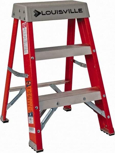 Louisville - 2 Steps, 2' High, Type IA Rating, Fiberglass Step Ladder - 300 Lb Capacity, 17" Base Width - Benchmark Tooling